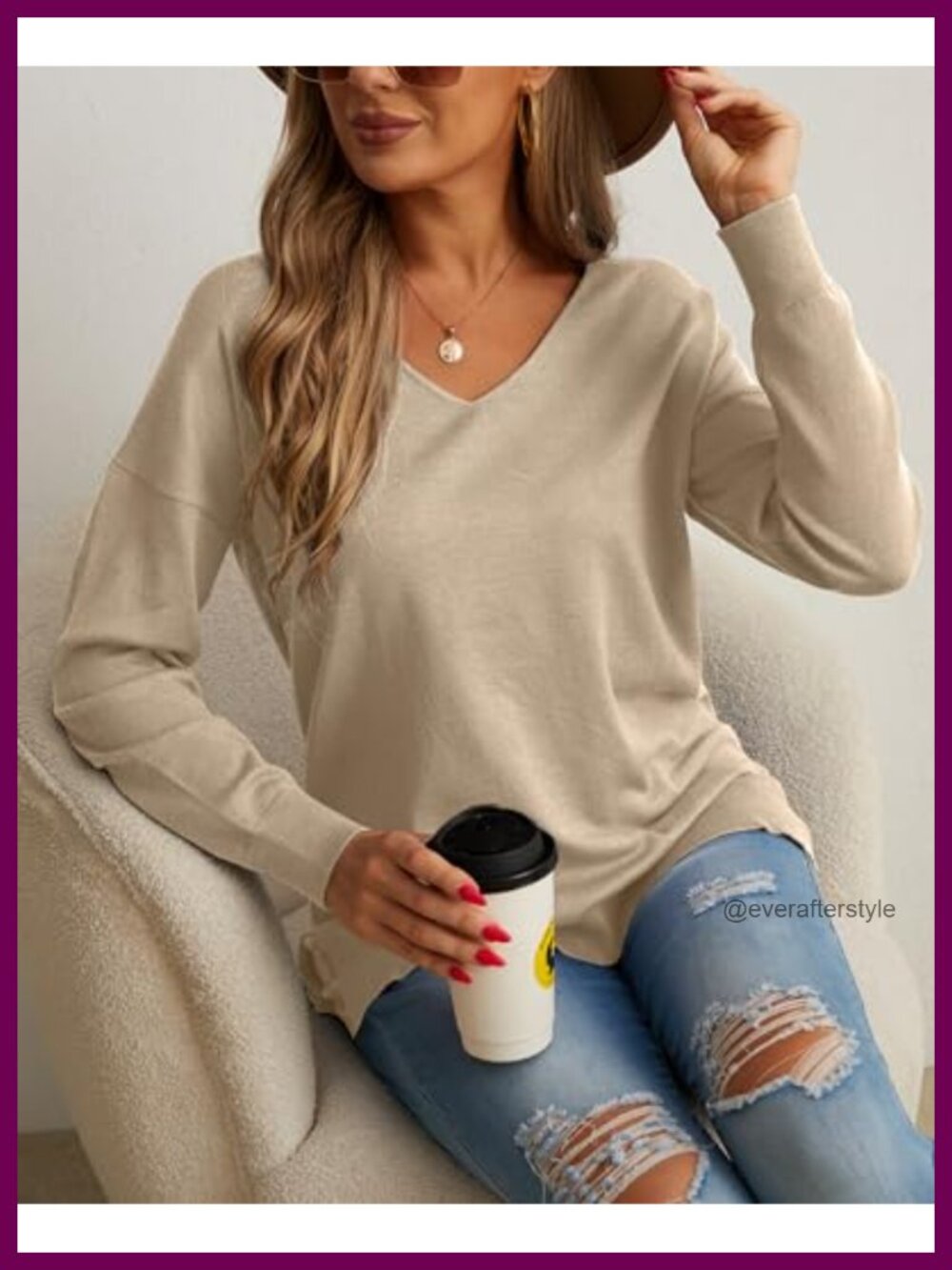 Women's V-Neck Long Sleeve Side Split Loose Knit Pullover Sweater - Picture 2 of 6
